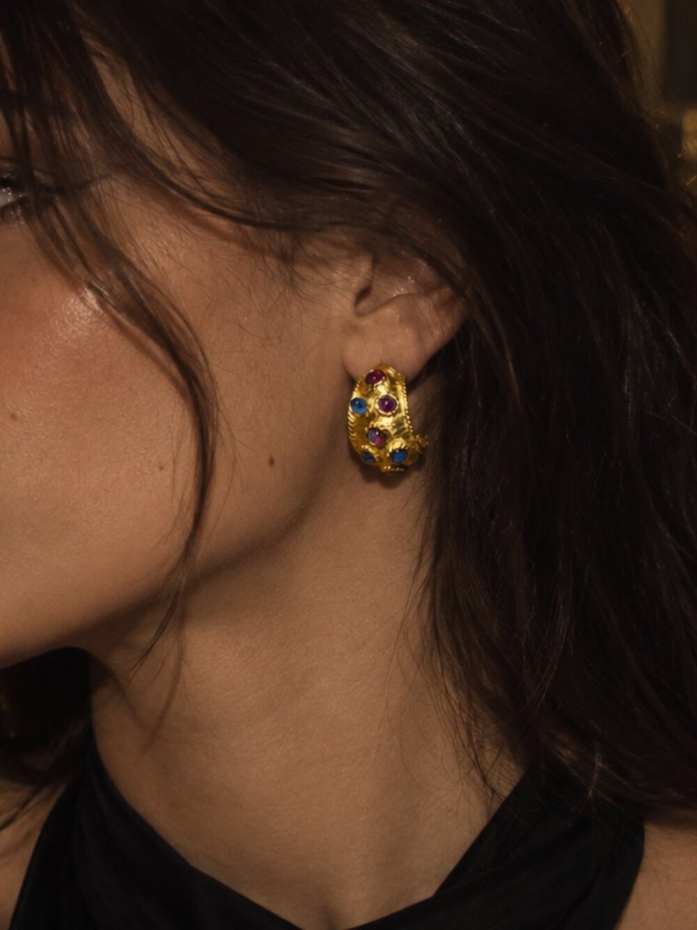 Gold Tone Multicolor Gem Half Hoop Statement Earrings